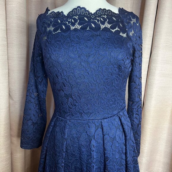 Missmay Navy Blue Lace Long Sleeve Cocktail Dress L Women Elegant Fit Homecoming - Picture 6 of 16